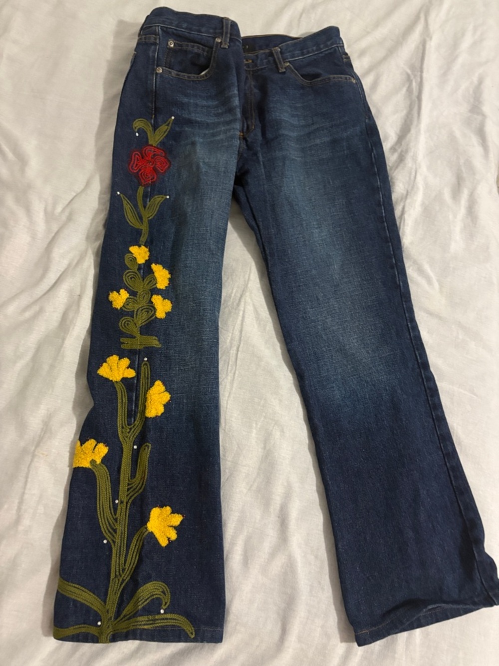 Sanctuary Dark Blue Embroidered Flare Jeans with Yellow & Red Floral Detail